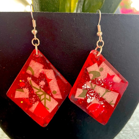 XMAS Handmade Festive Large Holiday Earrings Red Oval - Picture 9 of 9